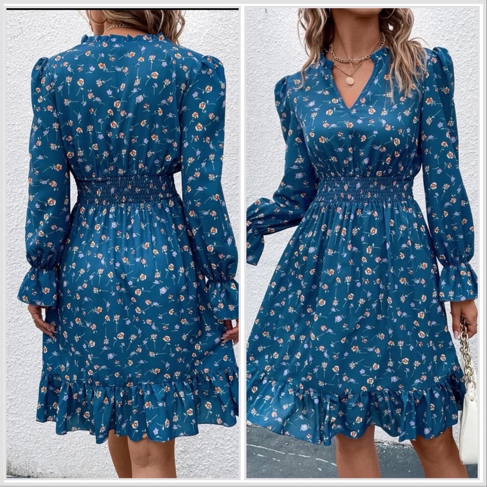 Dusty Blue Ditsy Floral Summer Dress